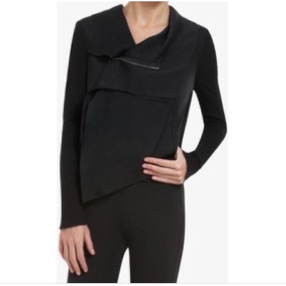 NEW BCBGMAXAZRIA Black Jacket Blazer LARGE Mixed Media Ruffle Front Asymmetrical